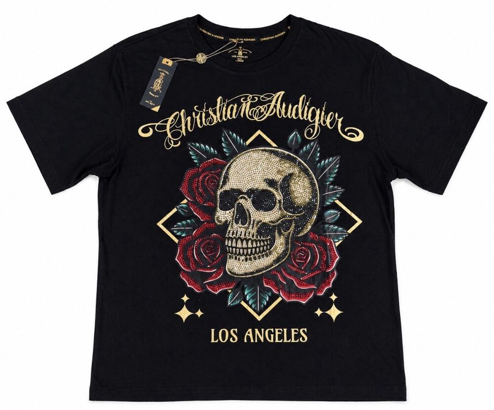 CHRISTIAN AUDIGIER Mens Large Y2K Skull & Roses Rhinestone T-Shirt black NWT